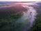 Drone\\\'s Eye View: Serene Sunrise Over Misty River and Woodland Landscape