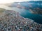 Drone\\\'s view of beautiful coastal city Argostoli, the capital of Kefalonia island during sunset