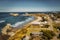 Drone shot of Bandon Oregon coastal homes real estate overlooking beach.