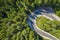 Drone shot of curving forest road in the pine woods in the mountain