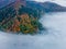 Drone shot of forested green hills covered with fog, cool for background