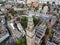 Drone shot of the Martinitoren church steeple in the city of Groningen, Netherlands