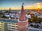 Drone shot of the Piast Tower in Opole, Poland during sunset