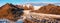 Drone shot of the Svinafellsjokull glacier, mountains and glacial lagoon. Wide panorama in autumn. Vatnajokull Naional Park