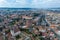 Drone shot of Targu Mures cityscape in Romania, in summer season with blue sky on the background