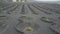 Drone shot of vineyards on black volcanic soil in Lanzarote. Aerial scenic view of Wine-growing in La Geria on the