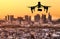 Drone silhouette flying above Paris city panorama