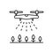 Drone spraying agent on crops. Linear icon of fertilizer, disinfection, watering, irrigation from air. Black illustration of