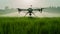 Drone sprays crops in a misty field at dawn, symbolizing smart agriculture