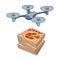 Drone with stack of boxes, pizza with tomatoes, modern quadcopter for fast delivering