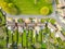 Drone top down view of typical English semi-detached houses showing there extended gardens.