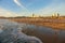 DRONE: Tourists gather on the sandy beach of Santa Monica to catch the sunset.