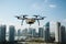 Drone Transporting Financial Sheets Amidst Urban Towers