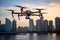 Drone Transporting Financial Sheets Amidst Urban Towers