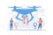 Drone transporting package to location pins with business people waiting for it. Drone delivery, commercial drone, drones business