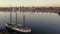 Drone video over the Rhine and Mainz waterfront with sailing ship in the morning during sunrise Hallo Sergio,kannst du das etwas