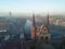 Drone view across city of Sneek with historic, iconic Watergate, waterpoort