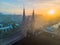 Drone view across city of Sneek with historic, iconic Watergate, waterpoort