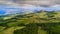 Drone view of amazing Azores landscape. Green fields on the north coast of San Miguel island, Azores, Portugal. Bird eye view,