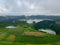 Drone view of amazing lagoon. Lake formed by the crater of an old volcano in San Miguel island, Azores, Portugal. Bird eye view, a