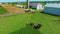 Drone View of an Amish Farmer Harvesting His Crops Using Four Horses and a Gas Engine Operating