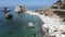 Drone view at Aphrodite`s rock and beach on Cyprus