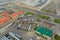 Drone view of the automotive large over road semi-trucks at fueling station