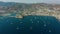 Drone view of Bodrum ancient Kalesi castle, harbor full of yachts and city