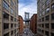 Drone view of buildings in Brooklyn with historic Manhattan Bridge in background, New York