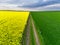 Drone view of countryside dirt road cutting through vast oilseed rape field in spring