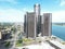 Drone view of the Detroit Marriott skyscraper tower at the Renaissance Center at daylight