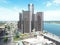 Drone view of the Detroit Marriott skyscraper tower at the Renaissance Center at daylight