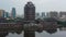 Drone view of the Dongpo Urban Wetland Park under a cloudy sky near Minjiang river, Meishan, China