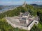 Drone view at Drachenfels ruin and restaurant over KÃ¶nigswinter in Germany