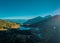 Drone view of Early morning on the lake of Pramollo, Italy, just close to Nassfeld in Austria. Beautiful mountain lake in clean