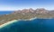 Drone view of the famous Hazards mountain range, part of Freycinet