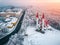 Drone view of the famous landmark of Ufa and Bashkiria - Lala Tulip mosque during sunset in winter season. Islamic religion