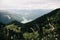 Drone view of the forests of the Alps in Bavaria, Germany with a cloudy sky in the background