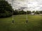 Drone view of goal posts in a rural school rugby field