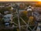 Drone view of golden sunrise over Princeton New Jersey. Cityscape with famous landmarks