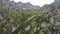 Drone view of a green gorge with high rocky cliffs