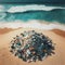 A drone view of a heap of trash on a sandy beach near an azure ocean with foamy waves on a sunny day.