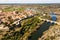 Drone view of historic center of Ledesma on banks of Tormes river