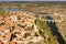 Drone view of historic center of Ledesma on banks of Tormes river