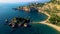 Drone view of Isola Bella beach Taormina Sicily Italy at summer