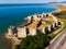 Drone view of medieval castle Mamure Kalesi on Mediterranean coast, Turkey