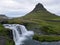 Drone view at mount and waterfall of Kirkjufell at Grundarfjordur in Iceland