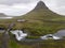 Drone view at mount and waterfall of Kirkjufell at Grundarfjordur in Iceland