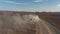 Drone view on offroad vehicle on desert road travelling in Iceland. Amazing aerial view moonscape icelandic landscape