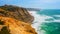 Drone  view over long rocky coastline in Ericeira, Portugal, on summer sunny day.  Top view - Beautiful natural landscape with